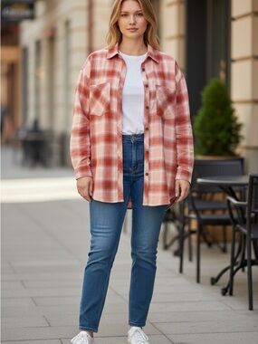 NWT Terra & Sky Coral Plaid Button-Up Shirt (PTP 25)